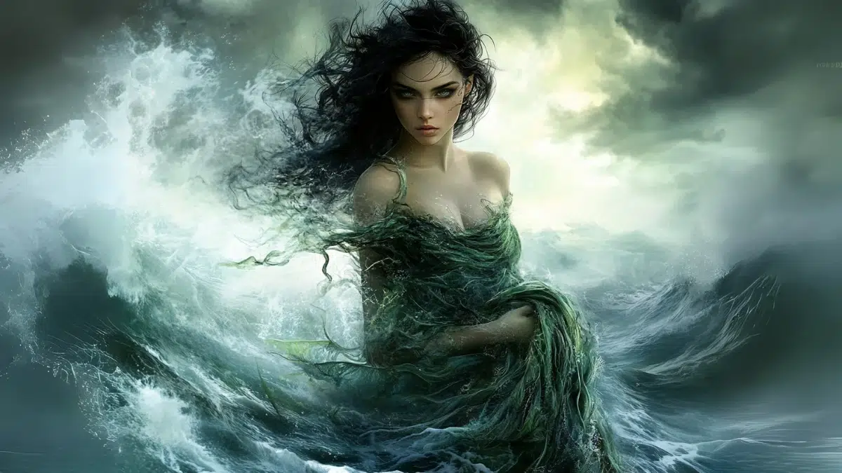 young woman with dark hair dressed in seaweed stands i nthe middle of the ocean the wind blows her hair and swirls the waves