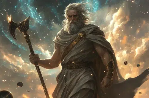 god Cronus stands in a tunic against a mystical sky