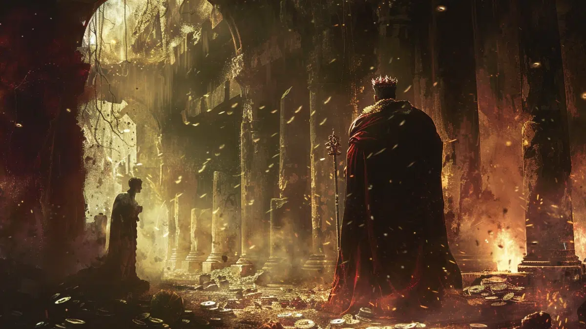 Dis Pater, Roman god of the underworld — solemn, powerful figure in dark regal robes trimmed with gold, holding a sceptre or torch, standing at the gates of the Roman underworld, surrounded by shadows, crumbling stone arches, and flowing rivers of mist, ancient Roman statues partially buried