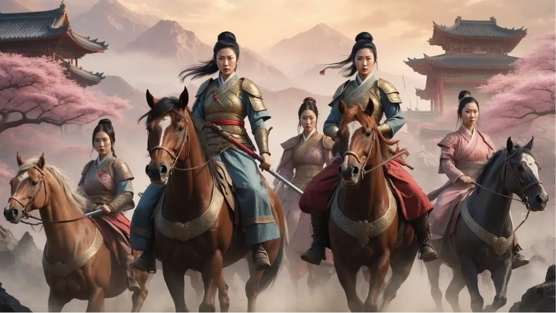 montage of Eastern Asian women warriors from different eras and regions riding horses, each woman looks determined, facing outward, with a misty battlefield behind them cherry blossoms, mountains, and dragon motifs to suggest unity across Eastern Asia
