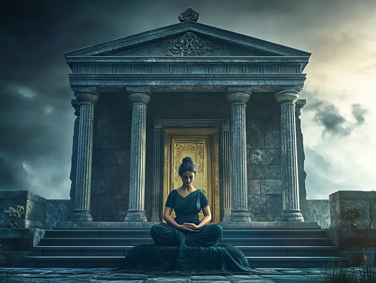 Eileithyia sits outside a temple and awaits Heracles birth
