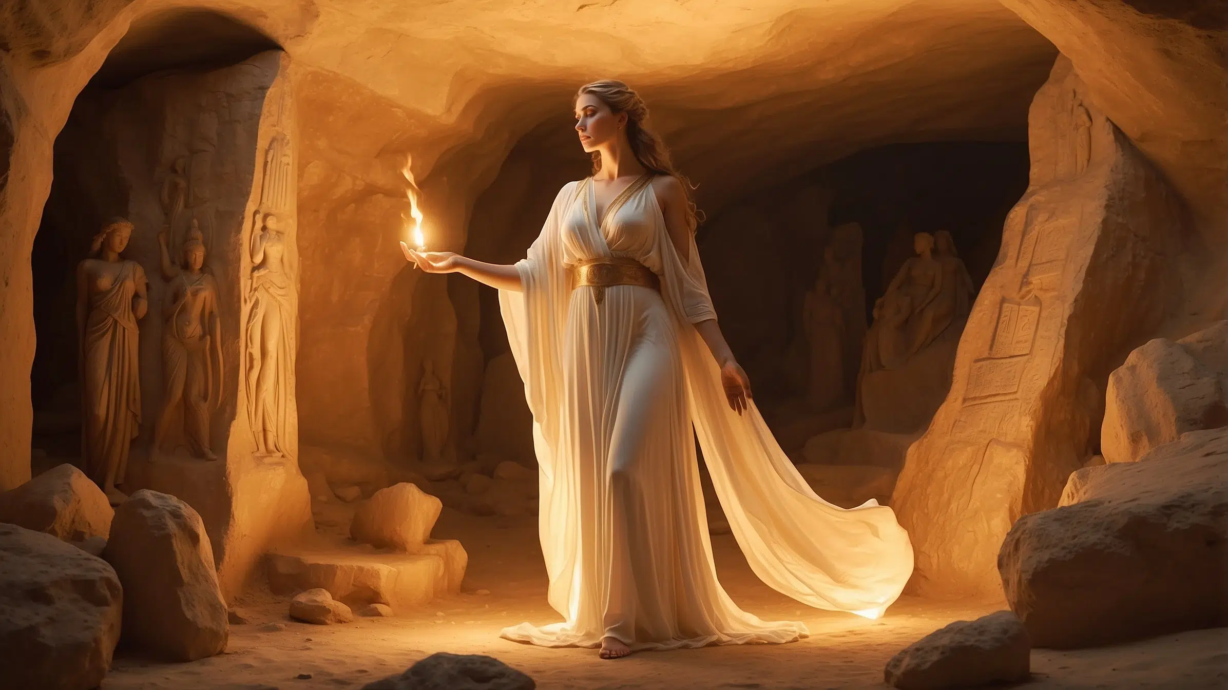 Eileithyia holds a torch in a cave