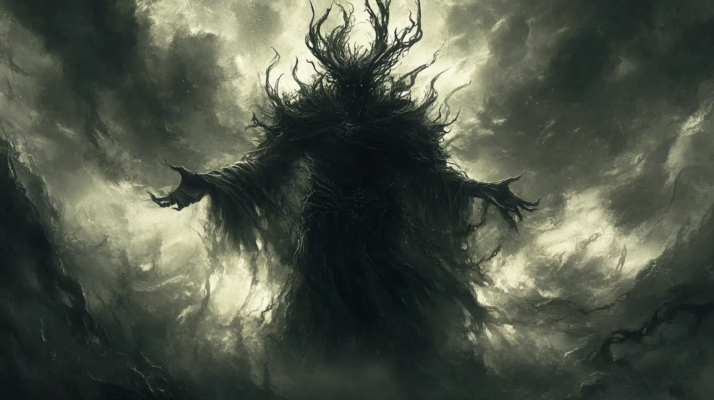figure is tall and cloaked in endless shadow, with faint outlines of a gaunt face and glowing silver eyes. Wisps of darkness curl from his form, spreading like mist through a desolate void