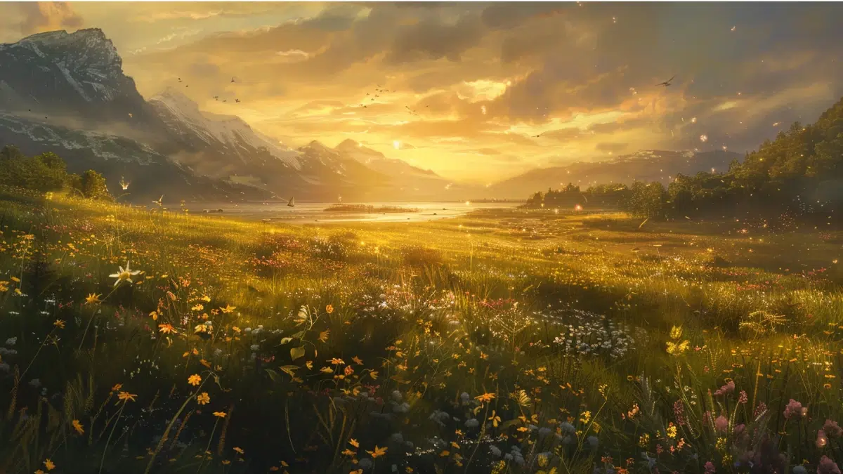Fólkvangr, the Norse afterlife realm ruled by Freyja — wide open fields under golden twilight, lush green meadows dotted with wildflowers, calm streams flowing through the land, peaceful warriors resting or sparring in harmony