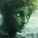 a woman's head protrudes from the group, with a green face and hair made of nature
