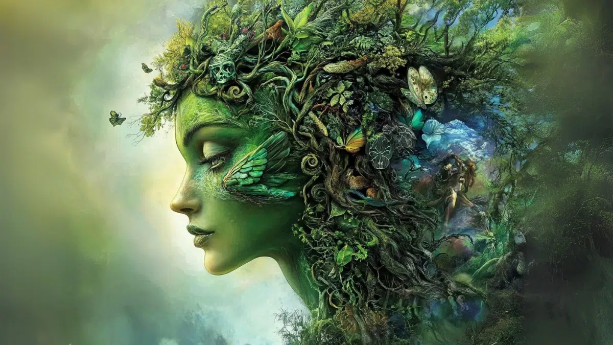 a woman's head protrudes from the group, with a green face and hair made of nature