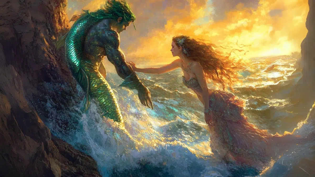 glaucus with a fish tail and gills reaches for the young sea nymph scylla at the water's edge surrounding by crashing waves