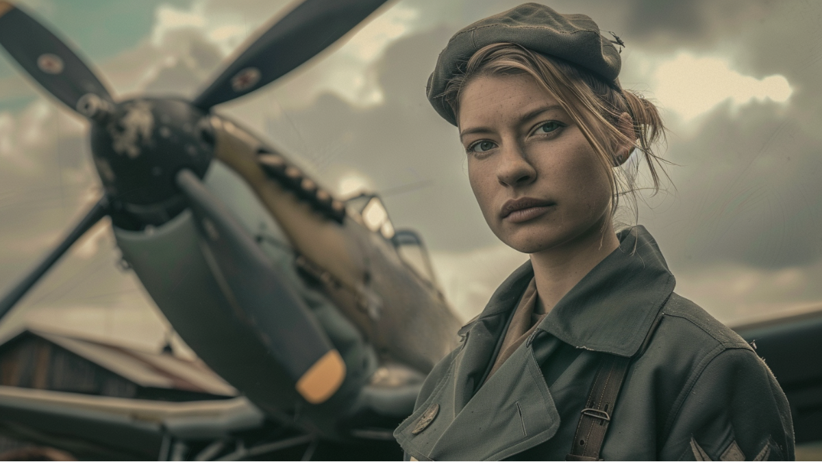 Hanna Reitsch, German WWII pilot is a white woman with sharp features, short blonde hair neatly styled under a cap, wearing a 1940s German pilot uniform , standing beside a plane or a military glider