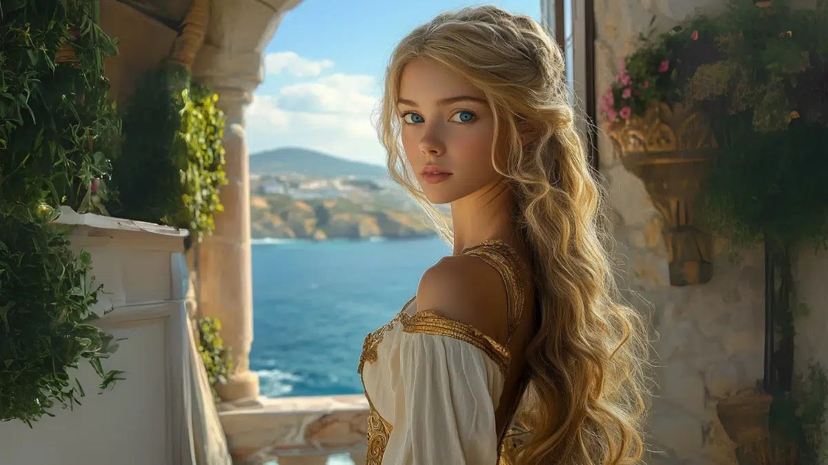 Helen with her long blond wavy hair and blue eyes stands on a balcony overlooking the sea