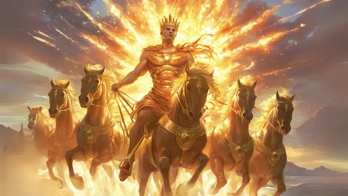 a golden man wearing a crown rides golden horses with the sun shining brightly behind him in the sky
