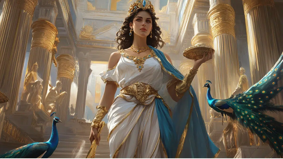 goddess Hera wears a god and white tunic dress walking in her palace