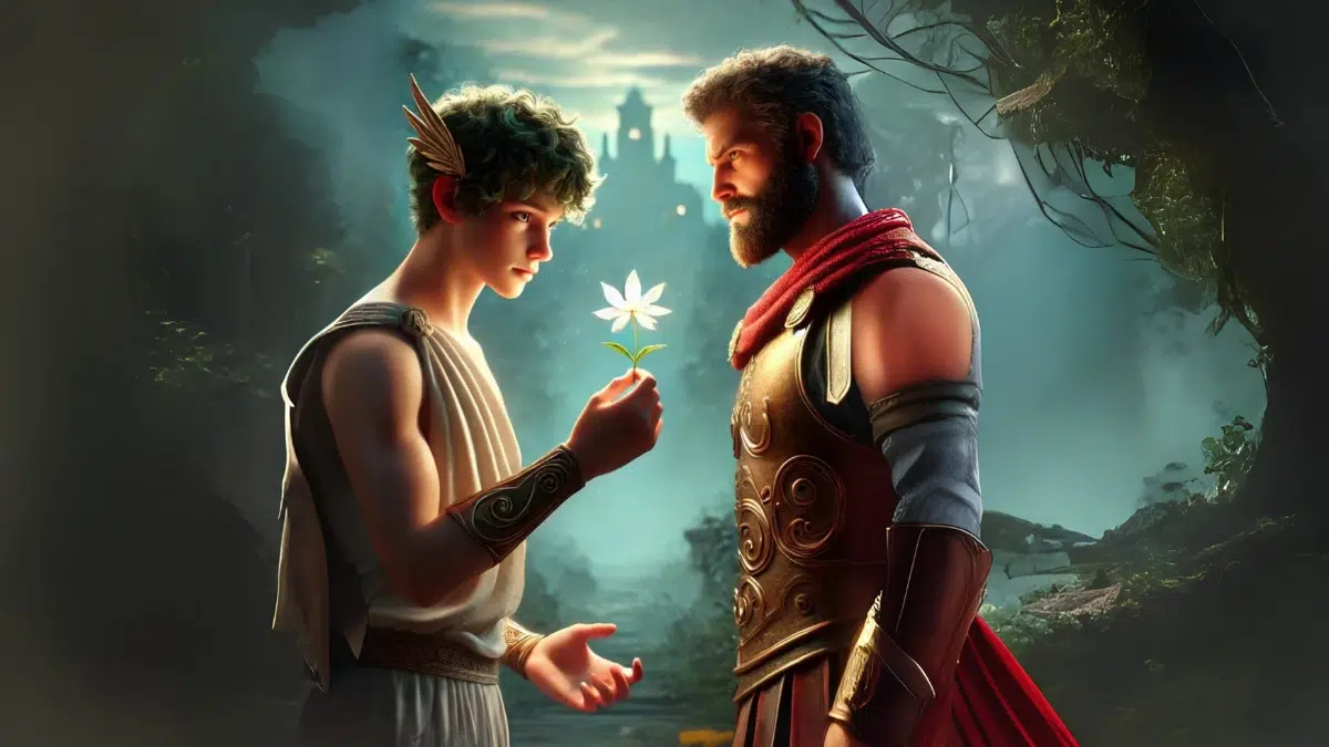 Hermes holds a flower, the moly as protection to Odysseus on the island