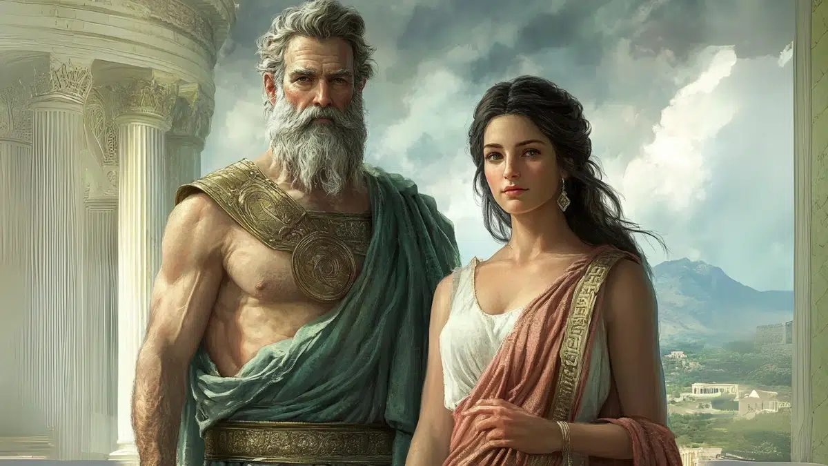 an older god-like man with grey wavy haiir and a grey beard and mustache with a green and gold tunic stands beside Hestia, a Greek woman goddess with brown wavy hair, wearing a white tunic dress, standing outside