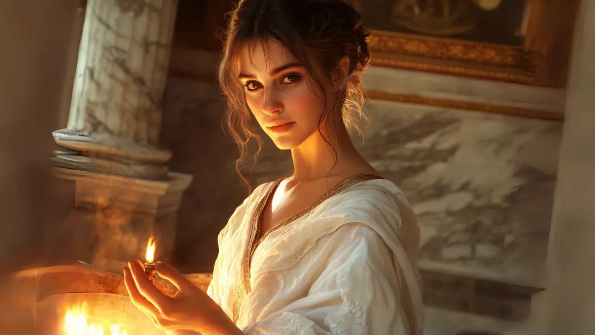 a young Greek woman in a white cloak with wavy brown hair looks into the camera and holds a small flame