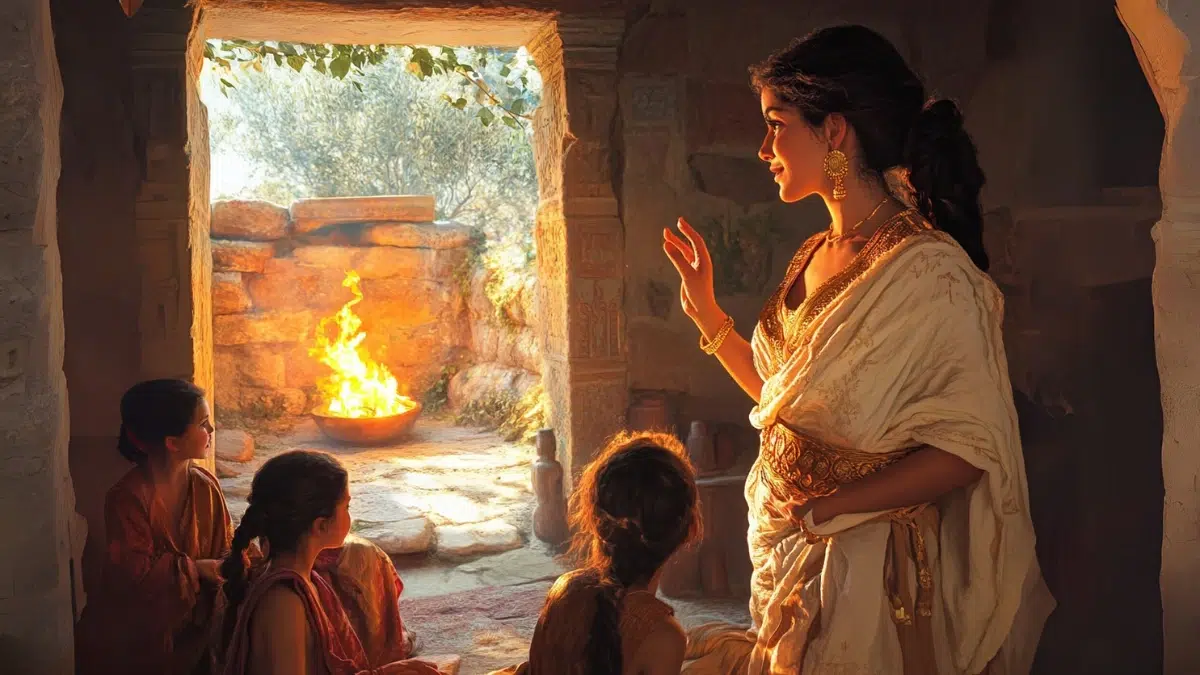 a young greek woman wearing a gold and white tunic looks outside to a fire pit, and is surrounded by children