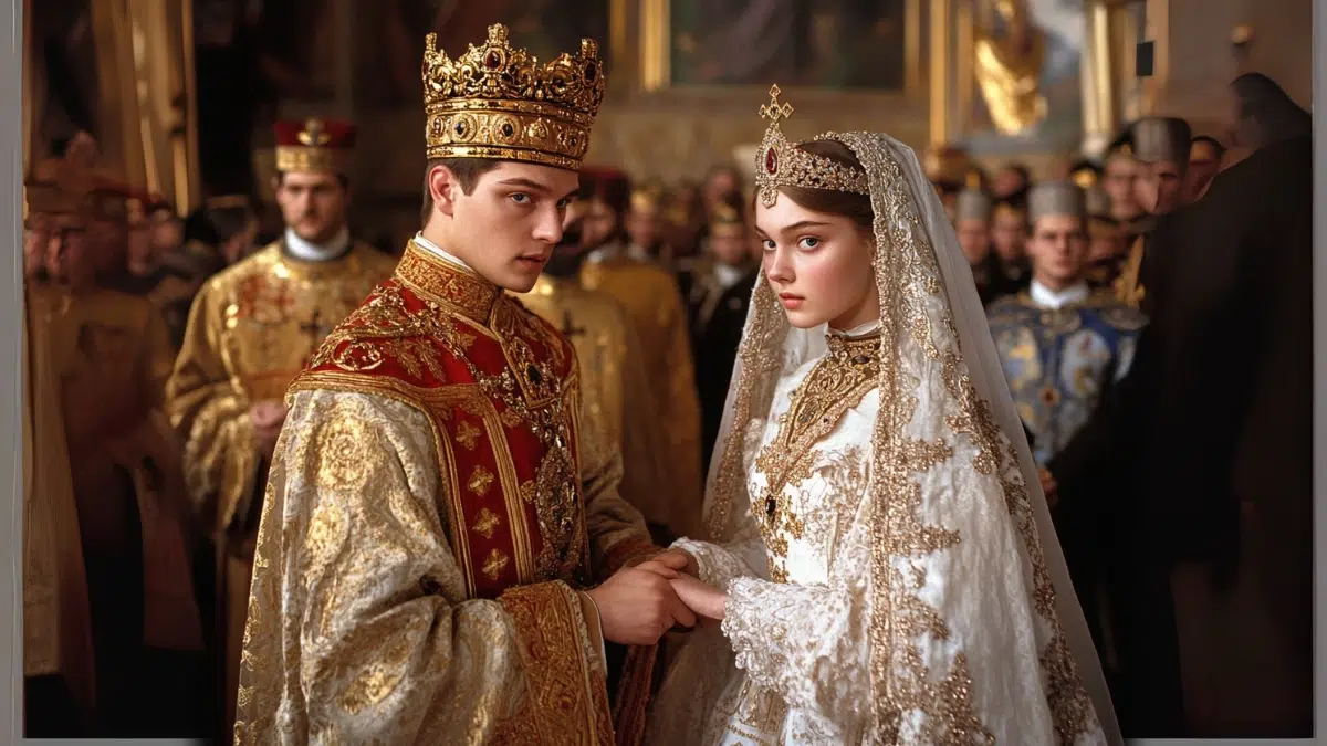 Ivan the Terrible and Anastasia Romanovna during their wedding or coronation, dressed in full royal attire, Ivan in a gold and red robe with a jewelled crown, holding Anastasia’s hand, Anastasia in an elaborate white and gold gown with a long veil and kokoshnik headdress, standing before Orthodox priests in a grand Russian cathedral