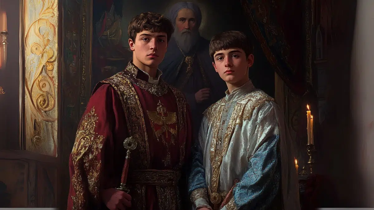 Two Russian princes in the 16th century standing side by side in a candlelit stone palace hall. The elder son, Ivan Ivanovich, age 27, tall and broad-shouldered, with a short beard and confident expression, dressed in ornate red and gold robes with a sword at his side, eyes sharp and focused. Beside him, his younger brother Fyodor, age 24, slender and pale, with soft eyes, a thin frame, and a quiet, distant look
