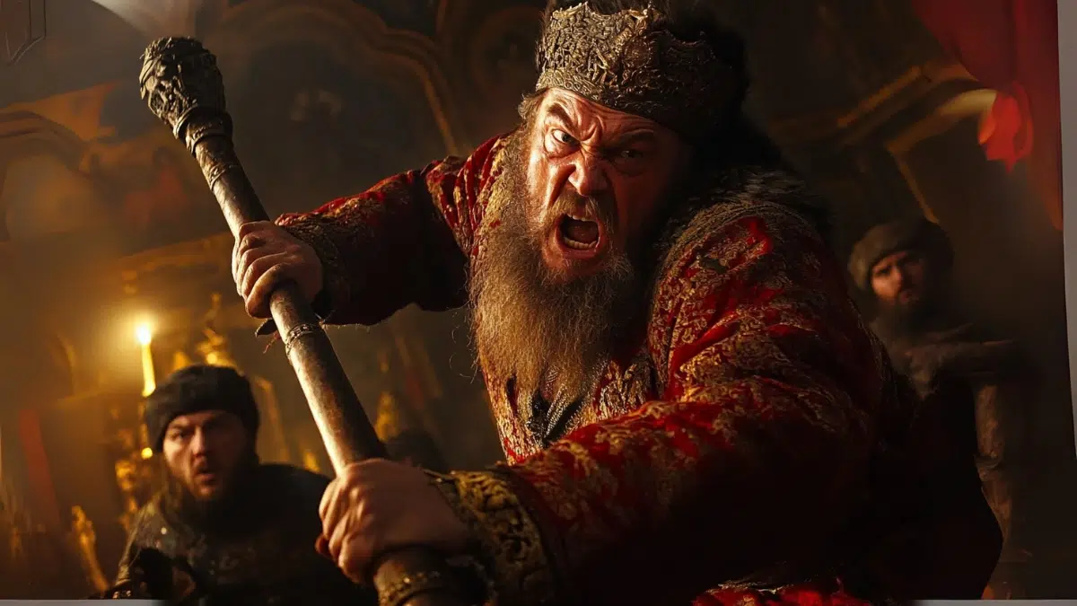 Ivan the Terrible in a furious outburst, red robes in motion, face twisted in rage, standing over a terrified boyar, background of a dim palace chamber, burning torches casting harsh shadows, fear and violence in the air