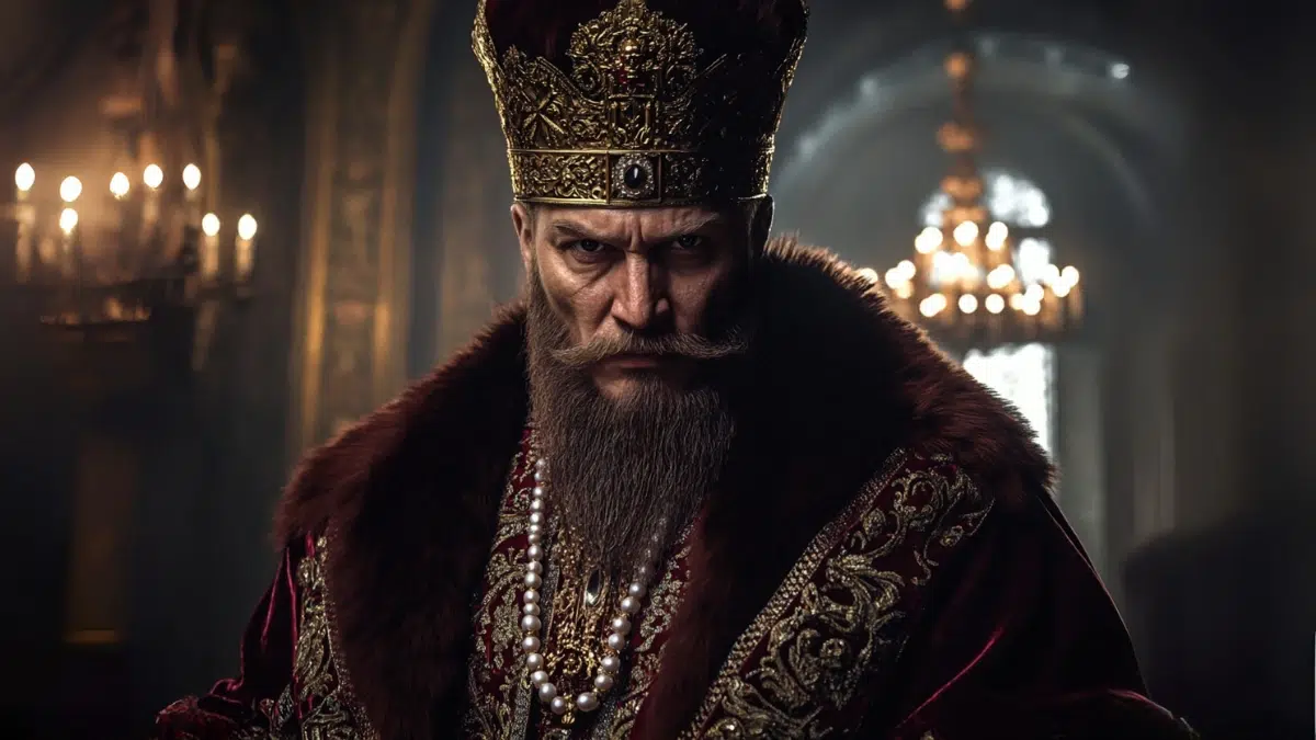 Ivan the Terrible, tall and lean, wearing a deep red velvet robe with gold embroidery and fur trim, long pointed beard, sharp intense eyes, ornate fur hat with pearls, holding a gold sceptre, standing in a dark candlelit Russian palace hall, flickering shadows on the stone walls