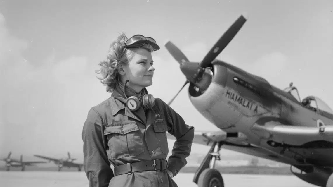 Jacqueline Cochran, American aviator is a white woman with short curled blonde hair wearing a 1940s U.S. flight suit or standing on a tarmac beside a military aircraft