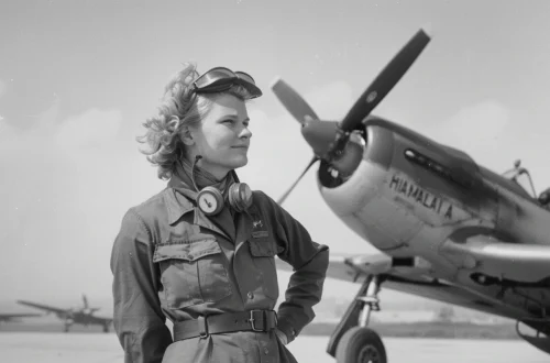 Jacqueline Cochran, American aviator is a white woman with short curled blonde hair wearing a 1940s U.S. flight suit or standing on a tarmac beside a military aircraft