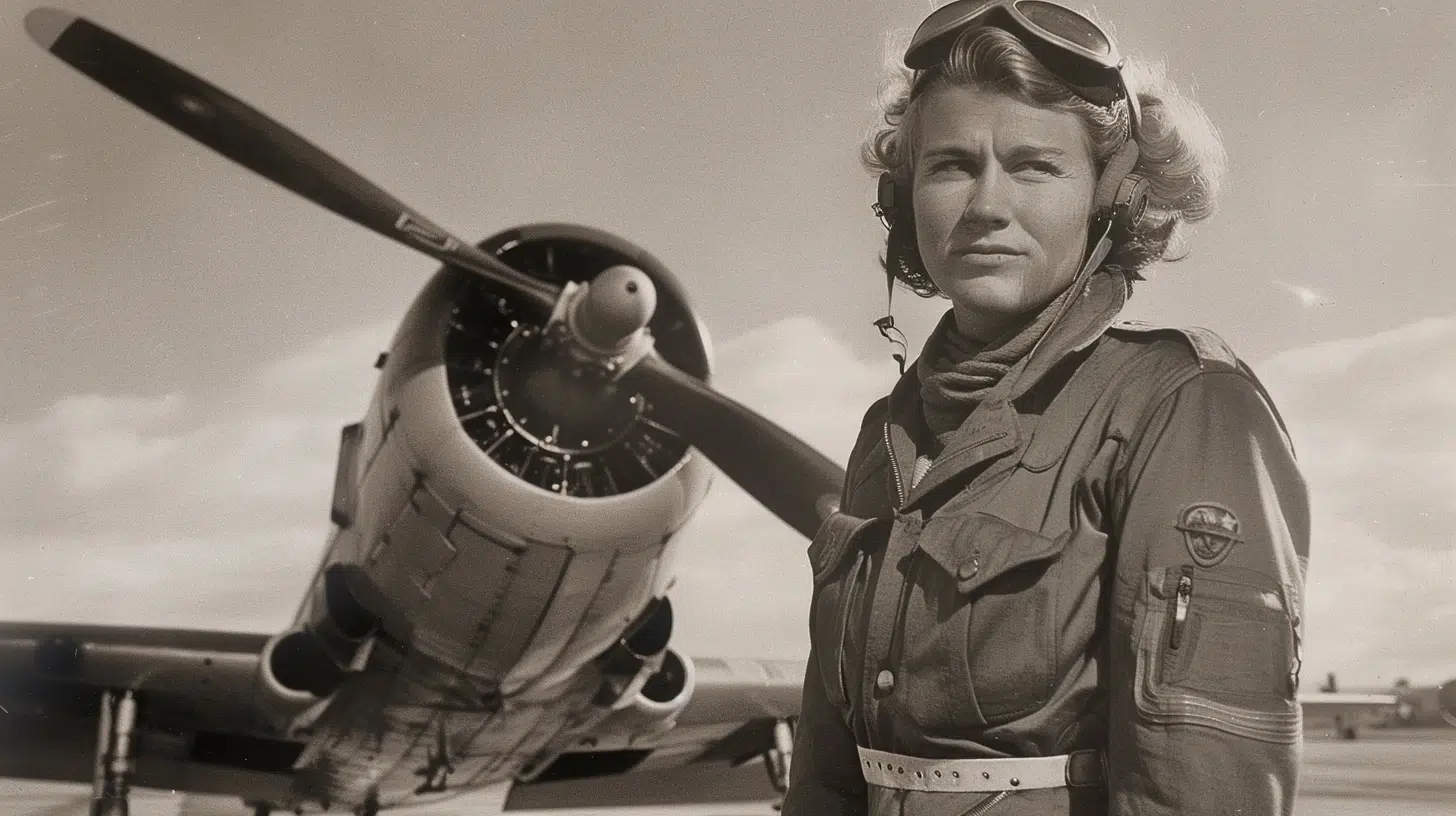 Jacqueline Cochran, American aviator is a white woman with short curled blonde hair wearing a 1940s U.S. flight suit or standing on a tarmac beside a military aircraft