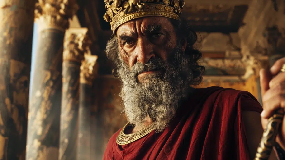 a close up of an older king with a grey and white beard and hair wears a golden crown, dressed in a red and gold robe