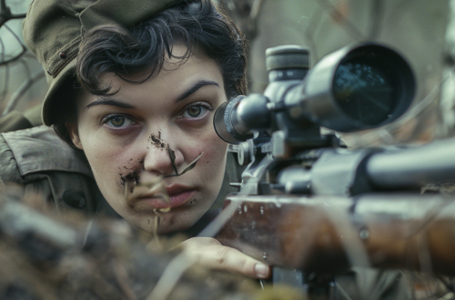 Lyudmila Pavlichenko, a Soviet WWII sniper is an Eastern European woman with short dark hair , wearing a Red Army uniform with sniper badges, holding a Mosin-Nagant rifle with a scope, calm and focused expression, crouched in a forest trench or hidden among trees