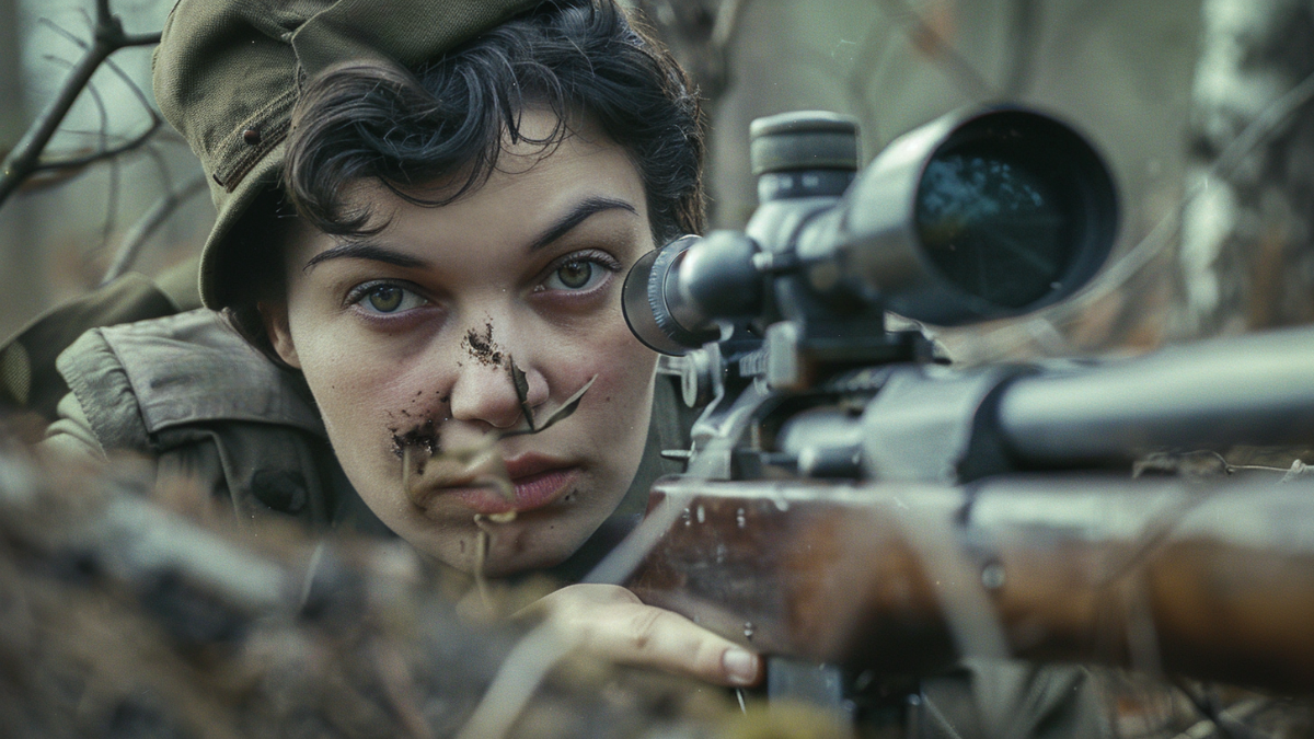 Lyudmila Pavlichenko, a Soviet WWII sniper is an Eastern European woman with short dark hair , wearing a Red Army uniform with sniper badges, holding a Mosin-Nagant rifle with a scope, calm and focused expression, crouched in a forest trench or hidden among trees