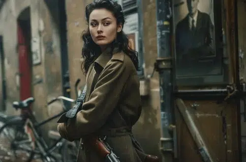 Nancy Wake, WWII Allied spy and resistance fighter in 1940s setting, white female with dark wavy hair in victory rolls, wearing a French resistance trench coats, standing beside a vintage bicycle