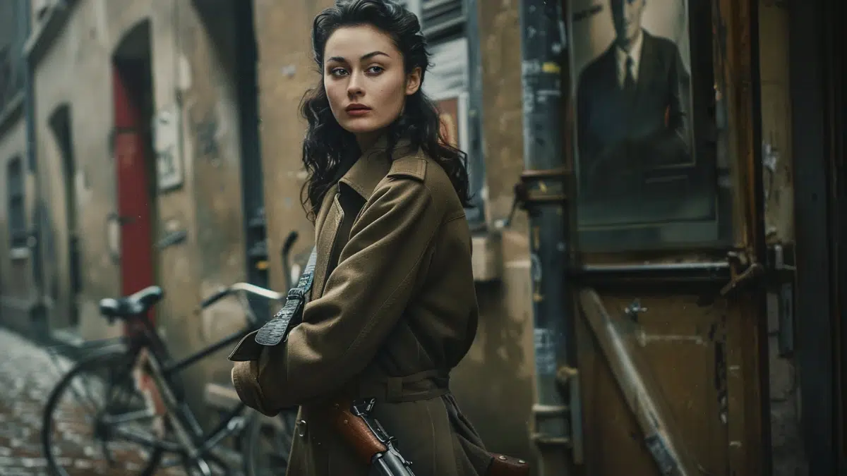 Nancy Wake, WWII Allied spy and resistance fighter in 1940s setting, white female with dark wavy hair in victory rolls, wearing a French resistance trench coats, standing beside a vintage bicycle