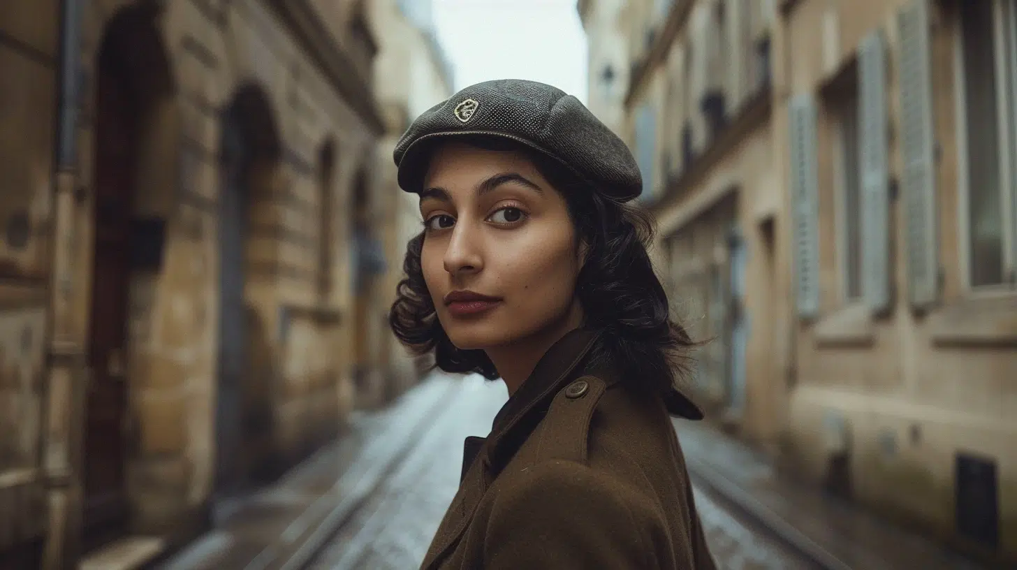 Noor Inayat Khan, WWII British spy of Indian descent, in 1940s with dark wavy hair tucked under a WW2 British beret, wearing a brown coat or uniform standing in a quiet Parisian street