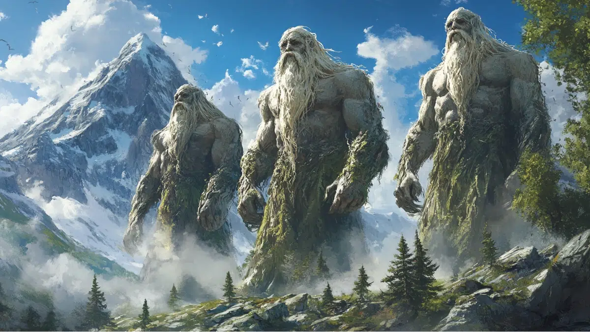Ourea, three stone mountain gods with long white beards stand amongst the mountains