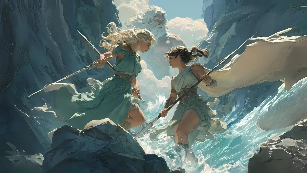 a god like figure watches from the clouds, two girls below are practicing dueling