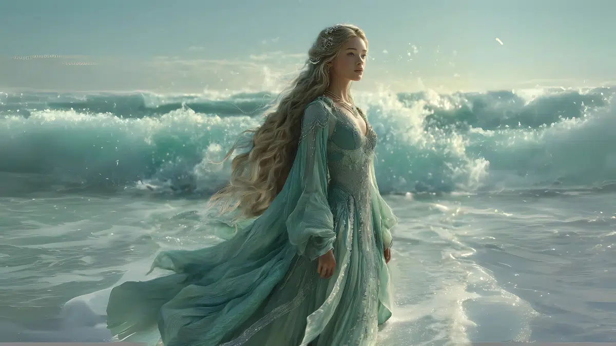 a young woman with long blond hair and a flowy dress walking along the shore