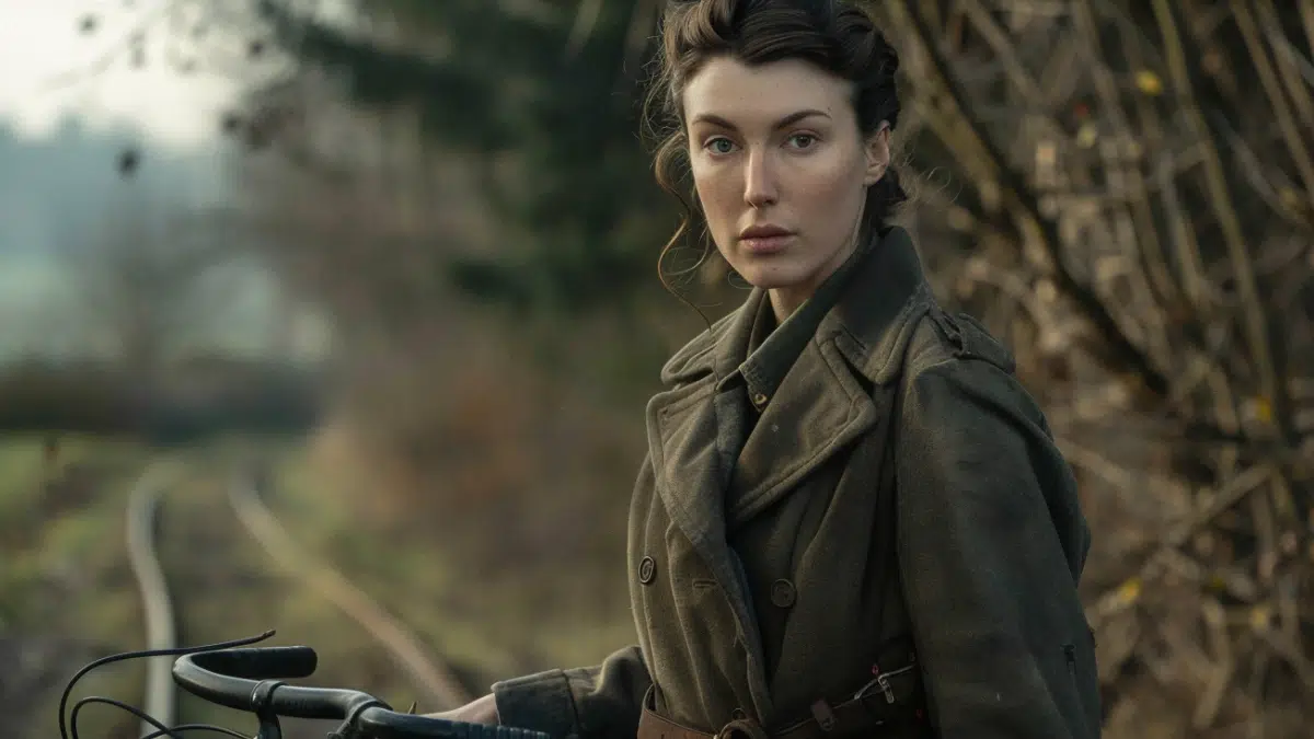 Pearl Witherington, British WWII SOE agent and Resistance leader is a white woman with dark eyes and hair pulled back, wearing 1940s a belted trench coat, standing in rural France holding a bicycle