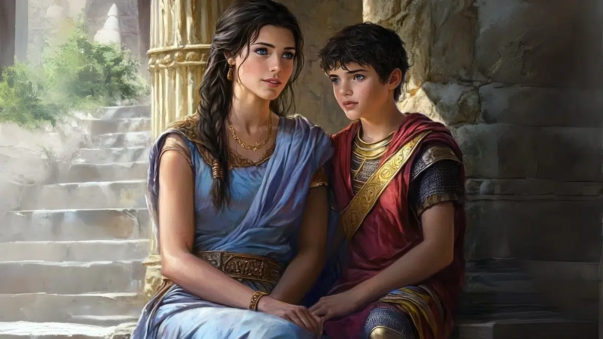 Penelope with long black hair in a blue dress sits with her son who wear a red tunic and light armour in the garden