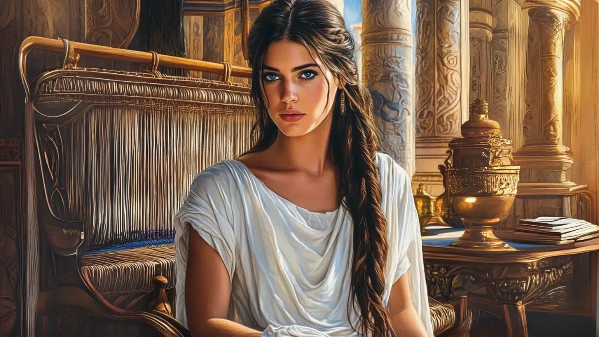 Penelope wearing a white tunic style dress, with long dark hair and blue eyes weaves in silence