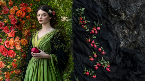 Persephone holds a pomegranate wearing a green dress standing in a garden