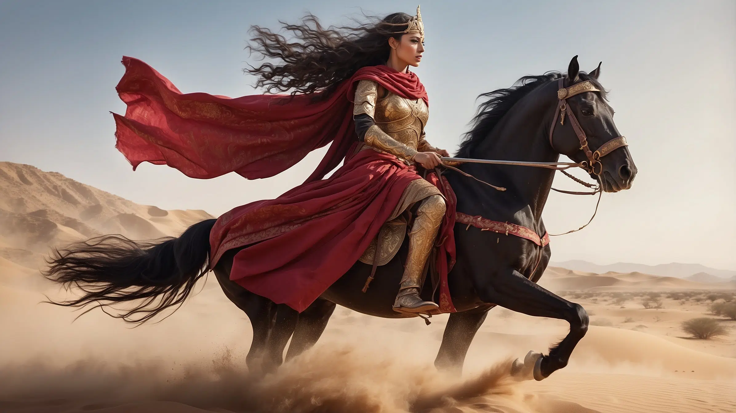 Arab warrior queen in flowing crimson and gold robes, armour layered over traditional dress, riding a rearing black horse across the desert