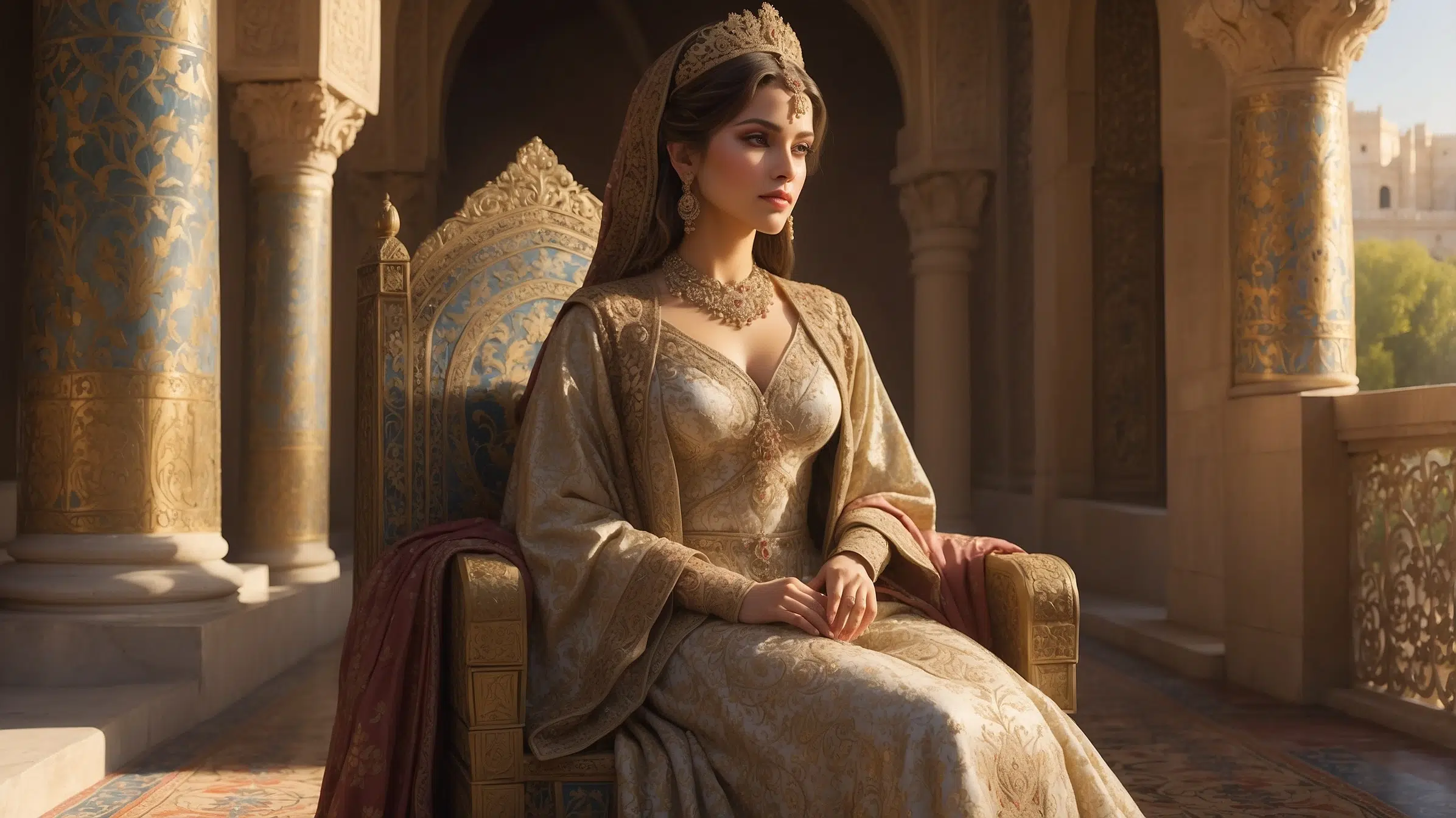 close up Queen Shirin of the Sassanian Empire seated on an ornate throne beside a stone balcony overlooking Persian gardens and palace grounds. She wears a richly embroidered royal gown