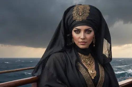 Close-up portrait of Sayyida al-Hurra, the feared pirate queen of Morocco, standing on the deck of a ship at sea. She wears a dark embroidered cloak with gold trim, a jewelled headscarf, and piercing eyes that scan the horizon.