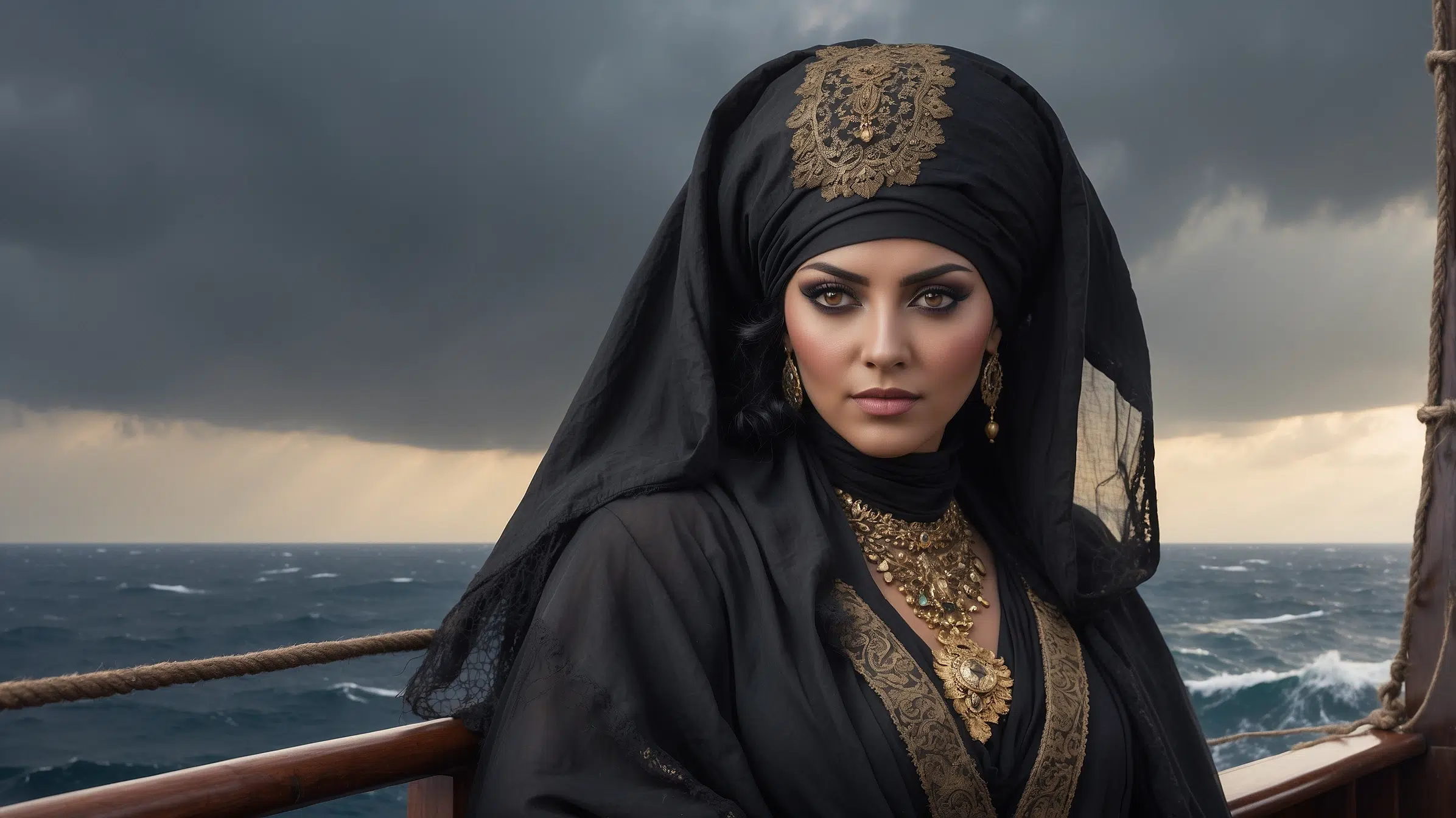 Close-up portrait of Sayyida al-Hurra, the feared pirate queen of Morocco, standing on the deck of a ship at sea. She wears a dark embroidered cloak with gold trim, a jewelled headscarf, and piercing eyes that scan the horizon.