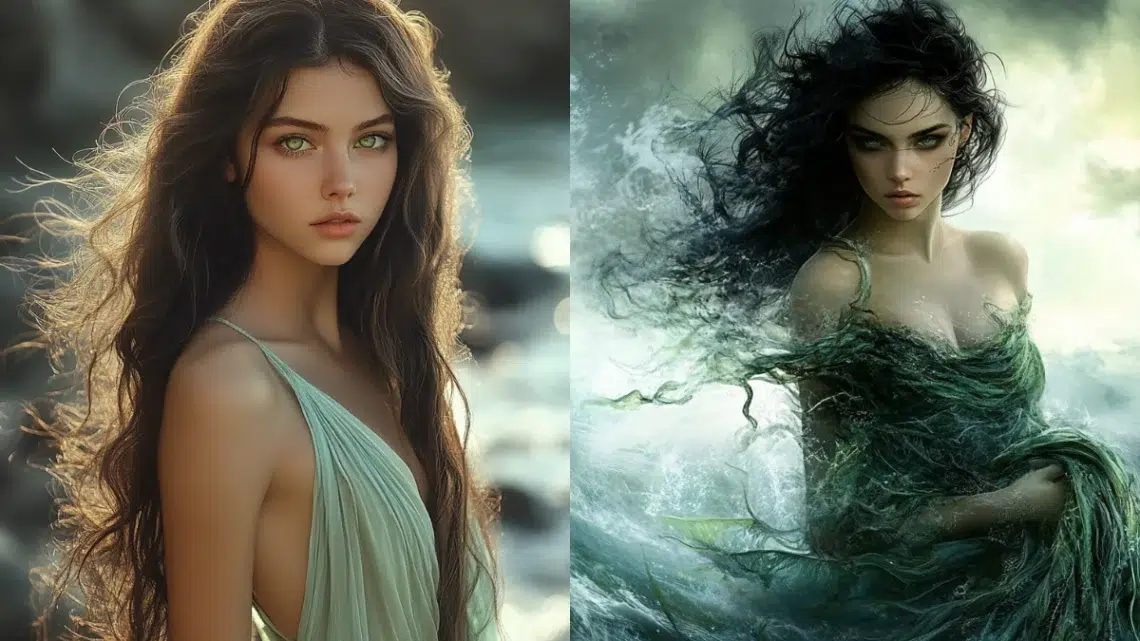 two images side by side, on the left an young girl with green eyes and long brown hair in a light green dress by the sea, the other image of young woman with intense eyes and dressed in seaweed and seafoam surrounding by large waves