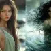 two images side by side, on the left an young girl with green eyes and long brown hair in a light green dress by the sea, the other image of young woman with intense eyes and dressed in seaweed and seafoam surrounding by large waves