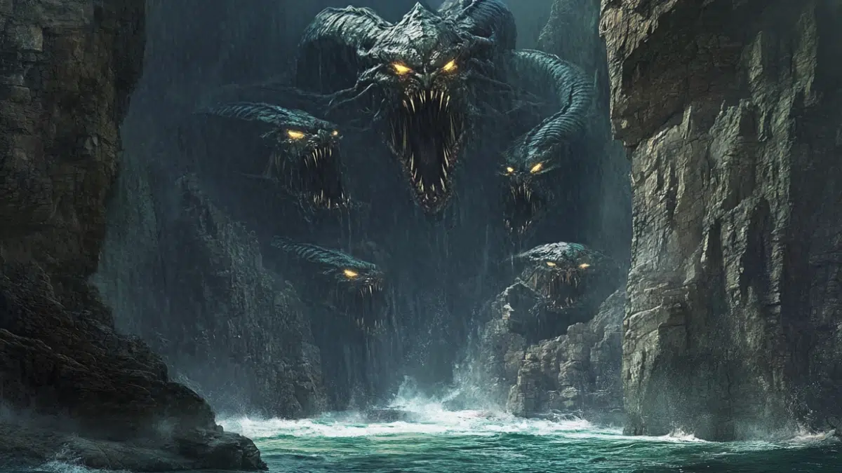 glowing monster faces with open mouths lurk against the rocks in a narrow sea passage
