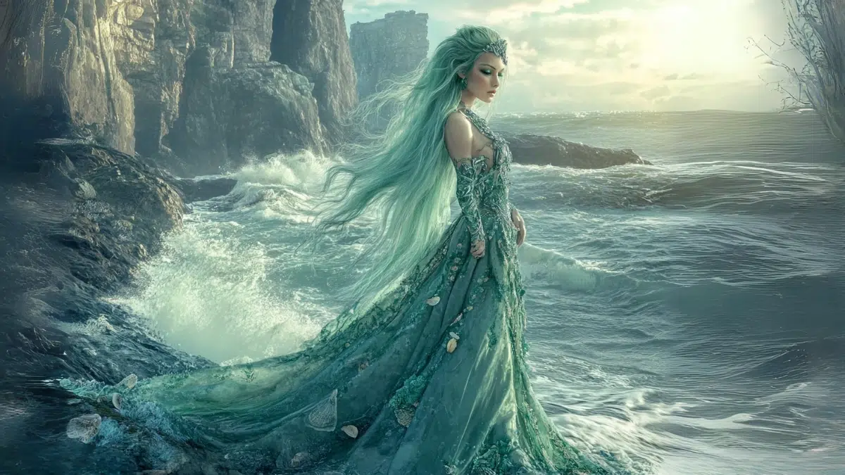 Scylla a sea nymph with green hair and a green dress stands at the waters edge