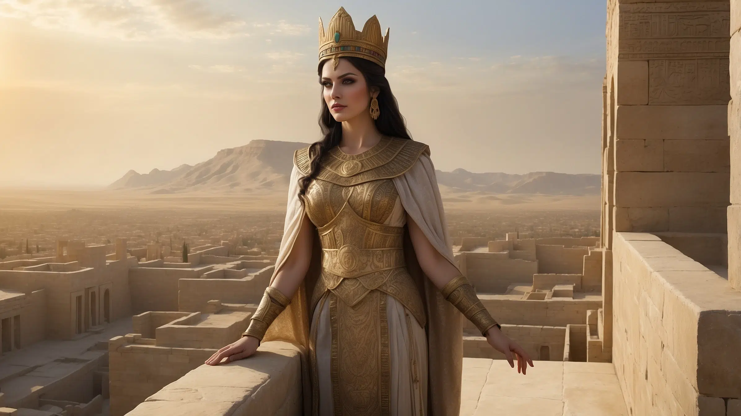Semiramis, legendary queen of ancient Assyria, stands atop a stone palace balcony overlooking a vast city with ziggurats and walls stretching into the horizon. She wears a flowing embroidered robe with gold armour beneath, a tall crown