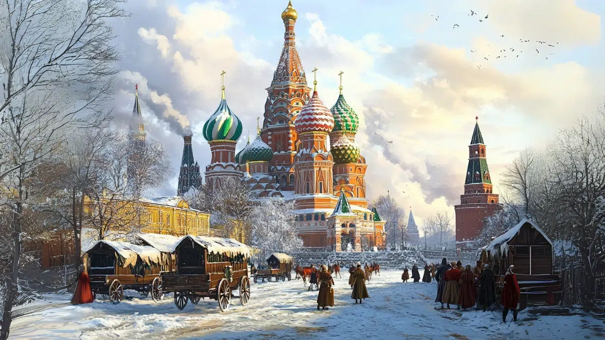 St. Basil’s Cathedral in the late 1500s, newly built, vibrant onion domes painted in early red, green, and gold patterns, towering above Moscow’s Red Square, surrounded by wooden merchant stalls and horse-drawn carts, people in 16th-century Russian clothing