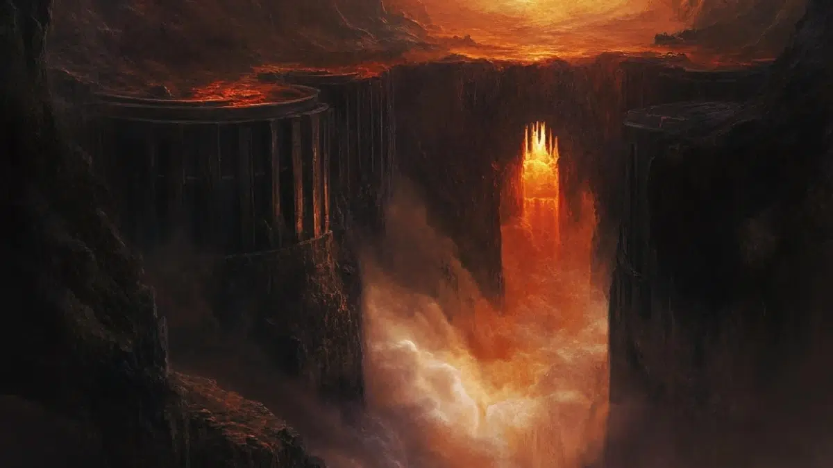 Tartarus, the dark abyss of Greek mythology — vast, shadowy chasm far below the Underworld, endless pit with jagged stone walls and molten cracks, surrounded by swirling mist and faint screams in the distance